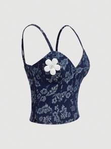 SHEIN MOD Women's Summer Casual Jacquard 3D Floral Decor Camisole Denim Top
