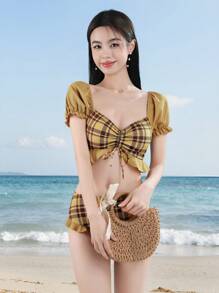 DAZY Women Summer Beach Plaid Pattern Puff Sleeve Drawstring Ruffle Bow & Solid Trim Swimsuit Set,Tankini Bathing Suit - Multicolor - View 4