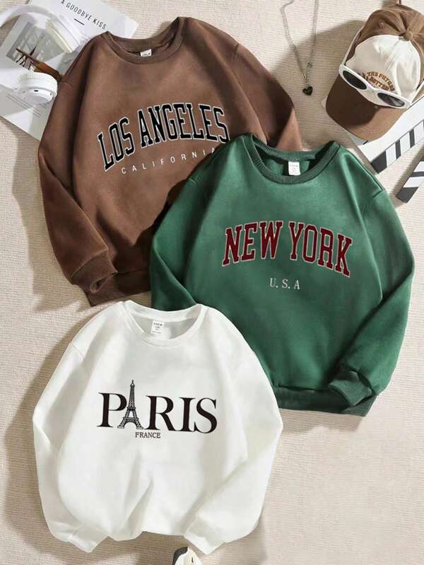 GraphicGems 3pcs Young Girl Cool Print Crew Neck Sweatshirts, School, Campus, College