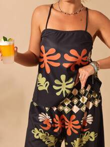 Breezaya 2 pezzi/set, Taglia oversize, Pigiama stampato con motivi tropicali, Canotta e pantaloni, Adatto per spiaggia e vacanze, Nuovo arrivo per l'estate