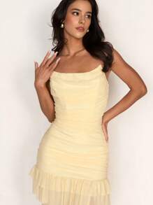Glamine Elegante vestito estivo da donna con pannello in rete, balze e spacco laterale