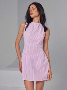 Roylia 无袖/喇叭下摆/上装合身下装宽松/洋红条纹/清新浪漫/年轻淑女连衣裙 - 玫紅色 - 查看 4