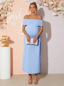 Loomaby Maternity Elegant Solid Color Off Shoulder Ruched Hem Dress,Gender Reveal Dress,Baby Shower Dress,Maternity Dress
