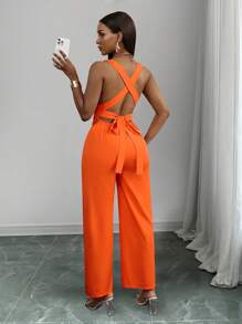 Slaydiva Mono de mujer con escote en V profundo, detalle de torsión, tirantes cruzados, cintura ceñida, color naranja, apto para múltiples ocasiones: festivales de música, Pascua, estilo western, bohemio, elegante, formal, boda, cumpleaños, graduación, estudiante, casual, diario, todo a juego, ocio, crucero, playa, tomar el sol