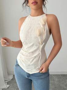 Chiquease Sexy Chiffon 3D Flower Decor Spaghetti Strap Asymmetric Hem Camisole Top