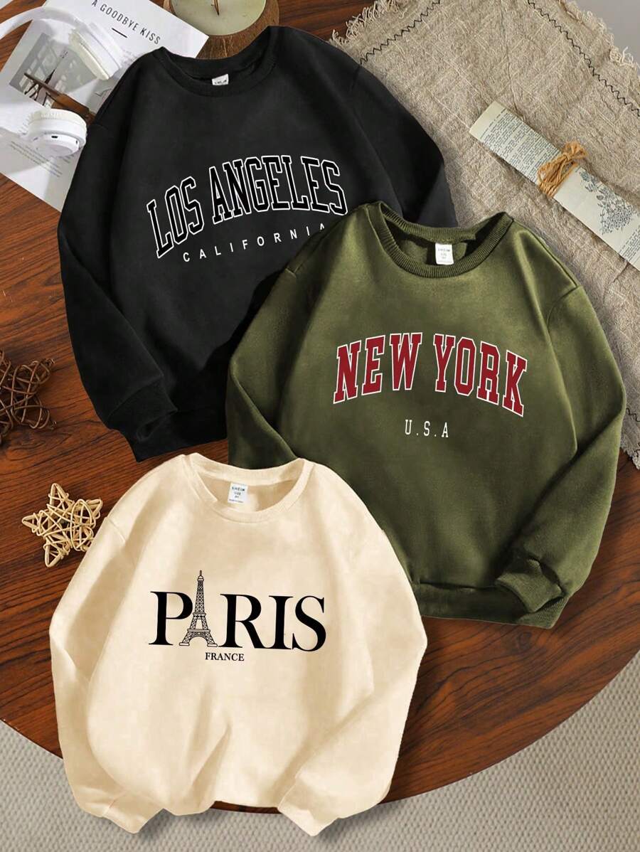 SHEIN Explorewe 3件套少女休闲简约校园风巴黎、纽约、洛杉矶字母印花卫衣，秋冬季时尚百搭 - 彩色 - 查看 1