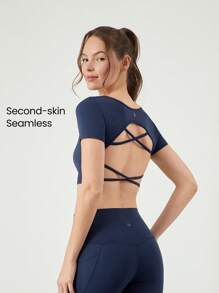 GLOWMODE Áo thun ngắn tay năng động Carefree Crossover Back Croptop không đường may, mặc thường ngày, có thể tháo rời cúp ngực - Màu xanh lam - Xem 1
