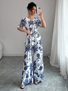 Elenzga Elegant Printed Crew Neck Short Sleeve Jumpsuit For Women
