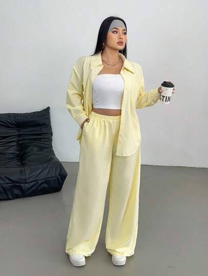 POPSWAY Mavi & Beyaz Çizgili Uzun Kollu Rahat Basit Bol 2 Parça Kıyafet, Yaz