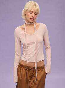 COUREZ Y2K V 领长袖粉色系带上衣 / 夏季女士外出上衣 / 街头休闲 / 休闲音乐节复古风 - 藕粉色 - 查看 2