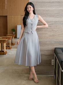 DAZY 女士纯色V领无袖上衣和裙子两件套 - 藍色 - 查看 1