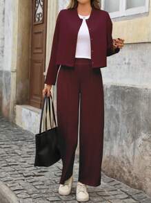 SHEIN Essnce Women Casual Commuting Solid Color Jacket & Pants 2 Pieces Set - Burgundy - View 5