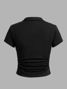 SHEIN Essnce 2pcs/Set Women's Collared Slim Fit Ruched Short Sleeve T-Shirt Suit, Suitable For Summer - Multicolor - View 8