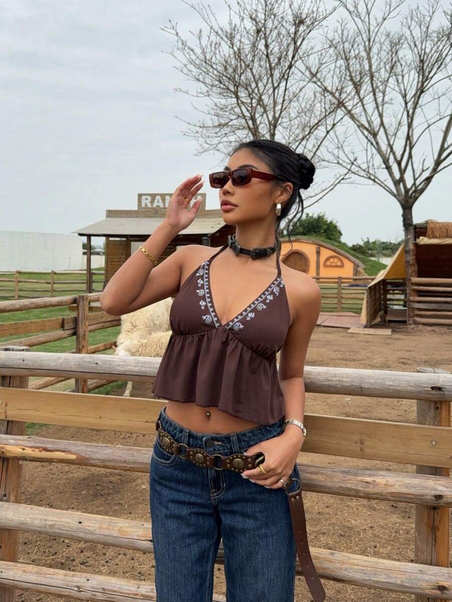 SHEIN EZwear Western Music Festival Boho Brown Embroidered Knit Halter Neck Blouse For Women - Coffee Brown - View 1