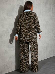 SHEIN SXY 2pcs Plus Size Leopard Print Shirt And Pants Set, Fashionable For Autumn Semi Formal Office Teacher Brown Casual - Multicolor - View 2
