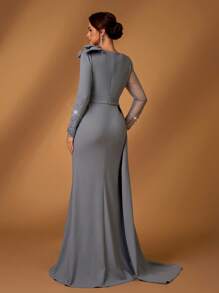 Serin Spring And Summer Elegant And Gorgeous Gray Luxury Computer Pearl Craft Hot Diamond Elastic Knitted V-Neck Bow Long Sleeve Slim Micro Fishtail Splicing Floating Piece Suitable For Dinner Bachelorette Party Date Dance Holiday Wedding Event Heavy Dinner Dress Bride Mother Dress