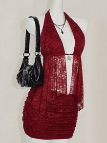 SHEIN ICON 2pcs Going Out Summer Red Flowy Women Set: Lace Trim Racerback Camisole Tank Top + Mini Skirt With Slit - Burgundy - View 3