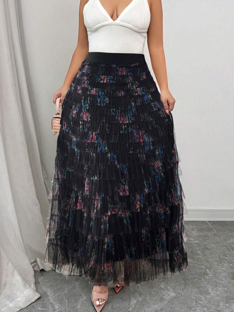 Elenzga 大码花卉印花褶饰渐变下摆半身裙，情人节 - 彩色 - 查看 1