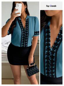 Calvaya Plus Size Contrast Color Ruffle Cutout Neckline Puff Sleeve Shirt - Teal Blue - View 1