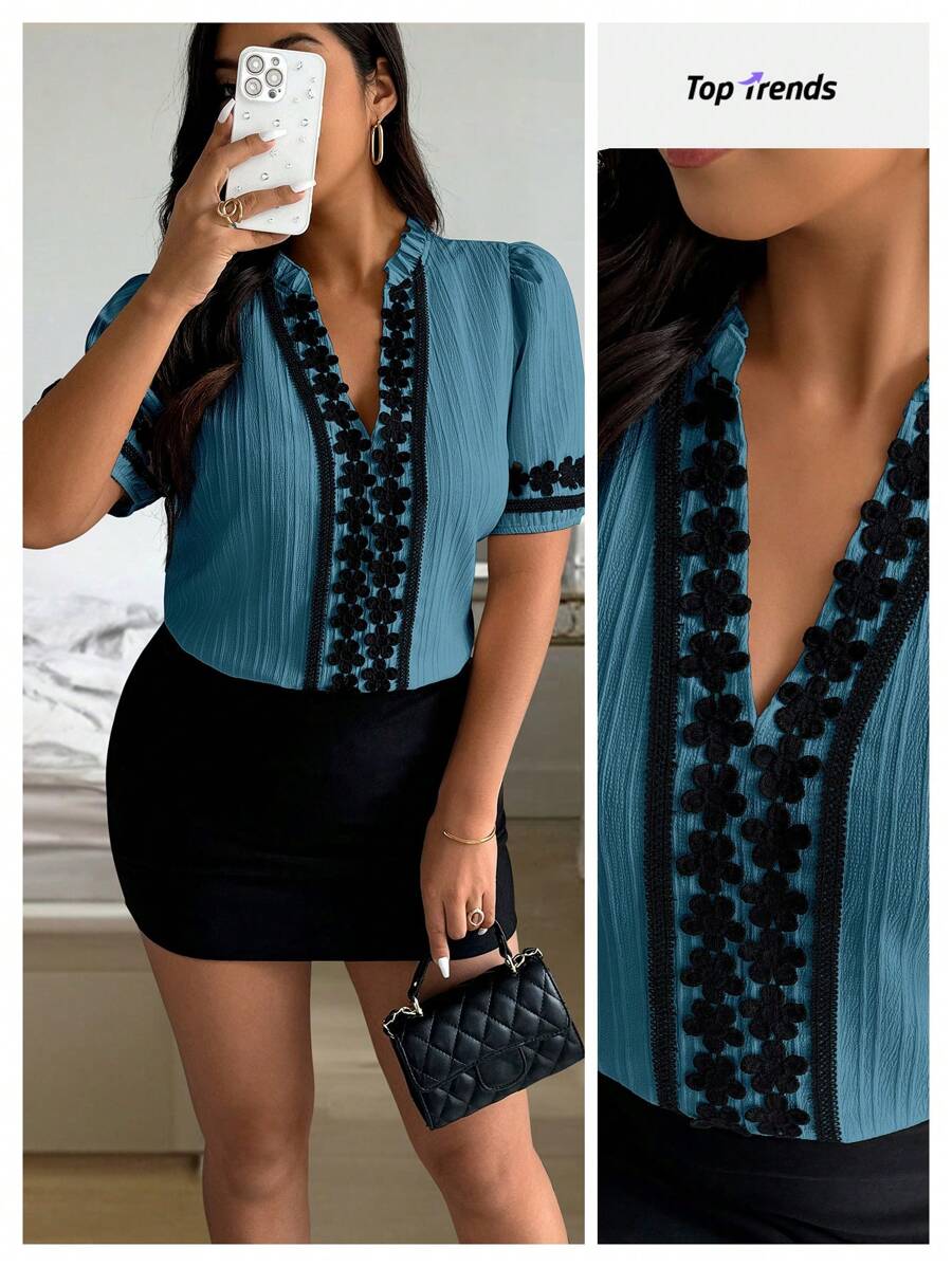 Calvaya Plus Size Contrast Color Ruffle Cutout Neckline Puff Sleeve Shirt - Teal Blue - View 1