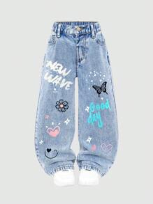 年轻女孩休闲时尚简约百搭甜美酷炫蝴蝶、爱心、花卉、涂鸦印花洗水浅蓝色牛仔直筒牛仔裤 - 淺色水洗藍 - 查看 6