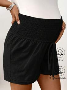SHEIN Maternity Leisure Solid Color Drawstring Waist Shorts - Black - View 4