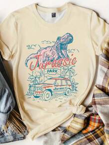 INAWLY 卡通汽车和恐龙印花圆领短袖 T 恤图案 T 恤女式上衣 - 杏色 - 查看 1