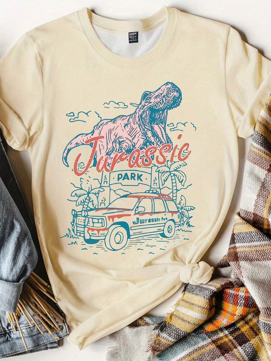INAWLY 卡通汽车和恐龙印花圆领短袖 T 恤图案 T 恤女式上衣 - 杏色 - 查看 1