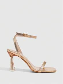 CUCCOO SZL Women's Sexy Transparent Heel Square Toe Strappy Snakeskin Pattern Sandals With Ankle Strap, Champagne Color - Champagne - View 4