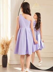 SHEIN Tween Girls' Solid Color Handmade Applique Rhinestone Ruched Sleeveless Dress, Elegant For Commuting, Princess Style - Purple - View 2