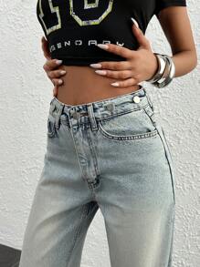 EURMUSE High Waist Button Detailed Straight Leg Jean - Light Wash - View 1