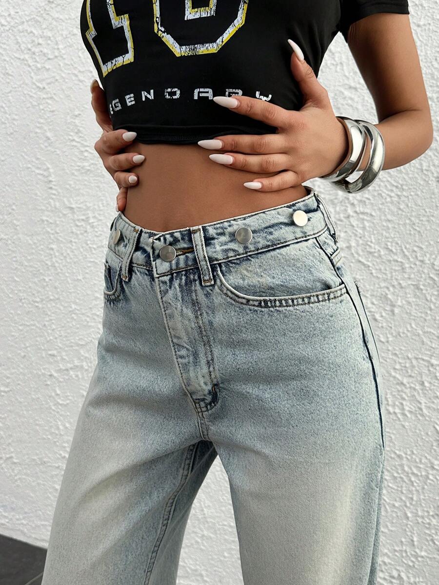 EURMUSE High Waist Button Detailed Straight Leg Jean - Light Wash - View 1