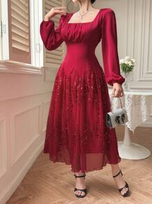 DAZY Đầm midi tay phồng phối nhiều mảnh thanh lịch, thích hợp cho tiệc cưới mùa xuân, đầm tay dài mùa thu, đầm đỏ sang trọng dành cho nữ, đầm dạ hội, đầm lấp lánh đính sequin Giáng sinh. - Màu Đỏ Sâu - Xem 6