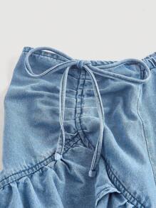 SHEIN MOD Falda vaquera casual de mujer con recortes de volantes y cordón