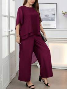 SHEIN Clasi 大码女式纯色高低下摆宽松衬衫和裤子两件套