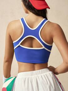 VARSITIE Summer Casual Contrast Color Trim Crop Sports Tank Top - Blue - View 2