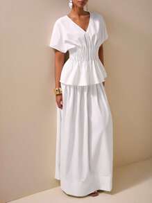 Slaydiva 2 件套 2025 春夏新款休闲通勤 V 领短袖褶皱腰 A 字衬衫和超长 A 字裙套装，适合旅行、度假、通勤、派对和休闲场合 - 款式 B - 白色 - 查看 4