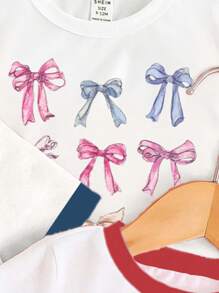 3pcs Baby Girl Casual Creative Denim Effect Bow, Cherry & Letter Printed Graphic Short Sleeve T-Shirts, Basic Style - Multicolor - View 3