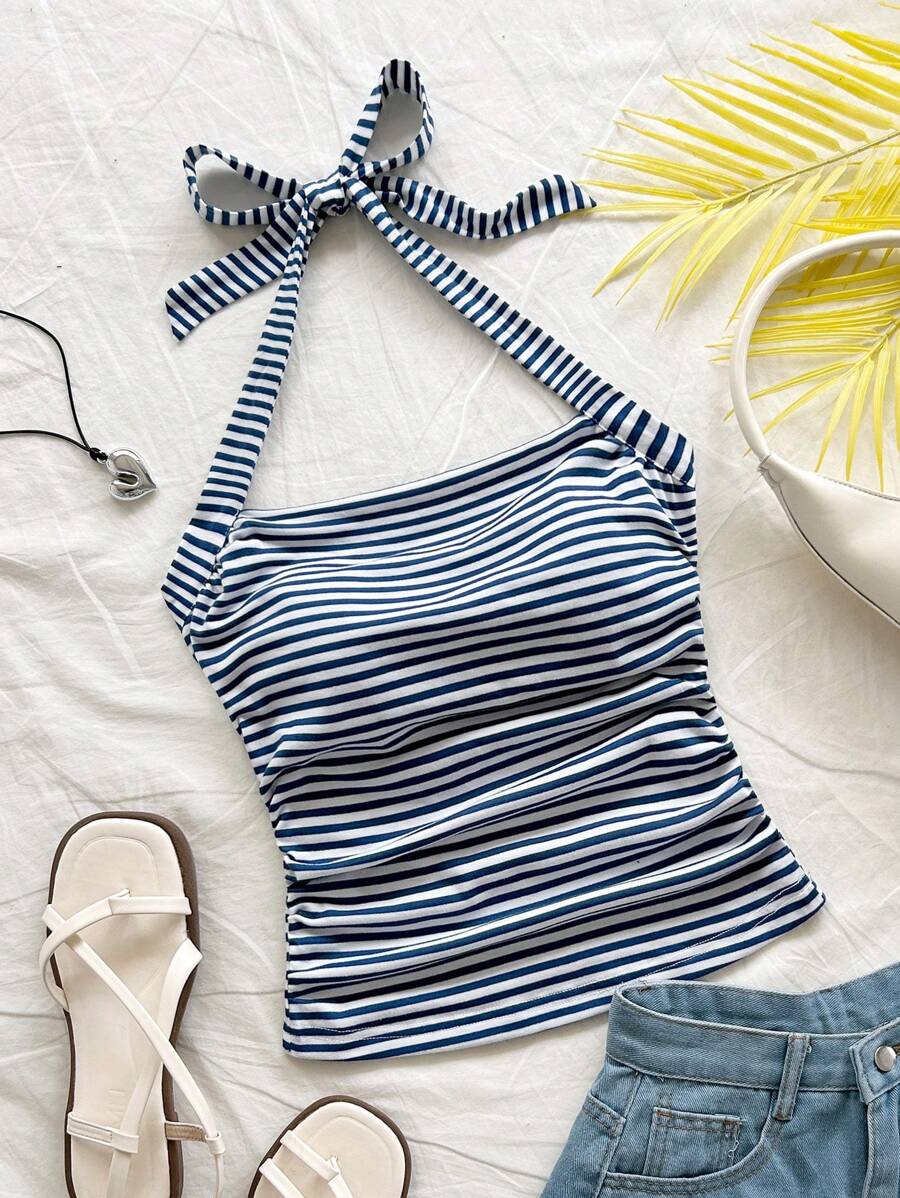 Soleia 新款度假蝴蝶结吊带针织海滩西部音乐节夏季波西米亚风复古条纹背心 - 藍白色 - 查看 1