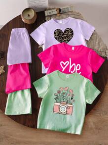 SHEIN 3pcs/Set Tween Girl Casual Cute Leopard Print, Heart, Camera, Flower, Slogan Graphics T-Shirt And Shorts Outfit, School, Campus, College - Multicolor - View 3