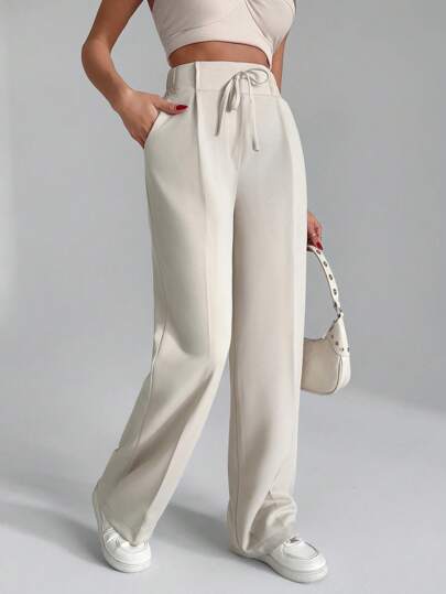 EURMUSE Women Solid Color Wide Leg Tie Front Detailed Pants Women Pants Wide Leg Woman Summer Outfits Women S Clothes Women S Work Clothes S Women Summer Clothing Women Clothing Pants Woman S Summer Clothes