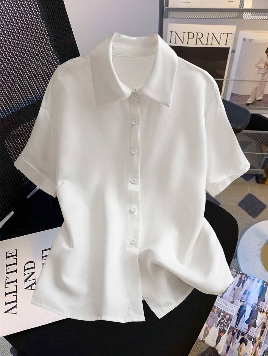 Franclia 女士夏季轻便条纹衬衫，休闲优雅学生毕业 - 白色 - 查看 1