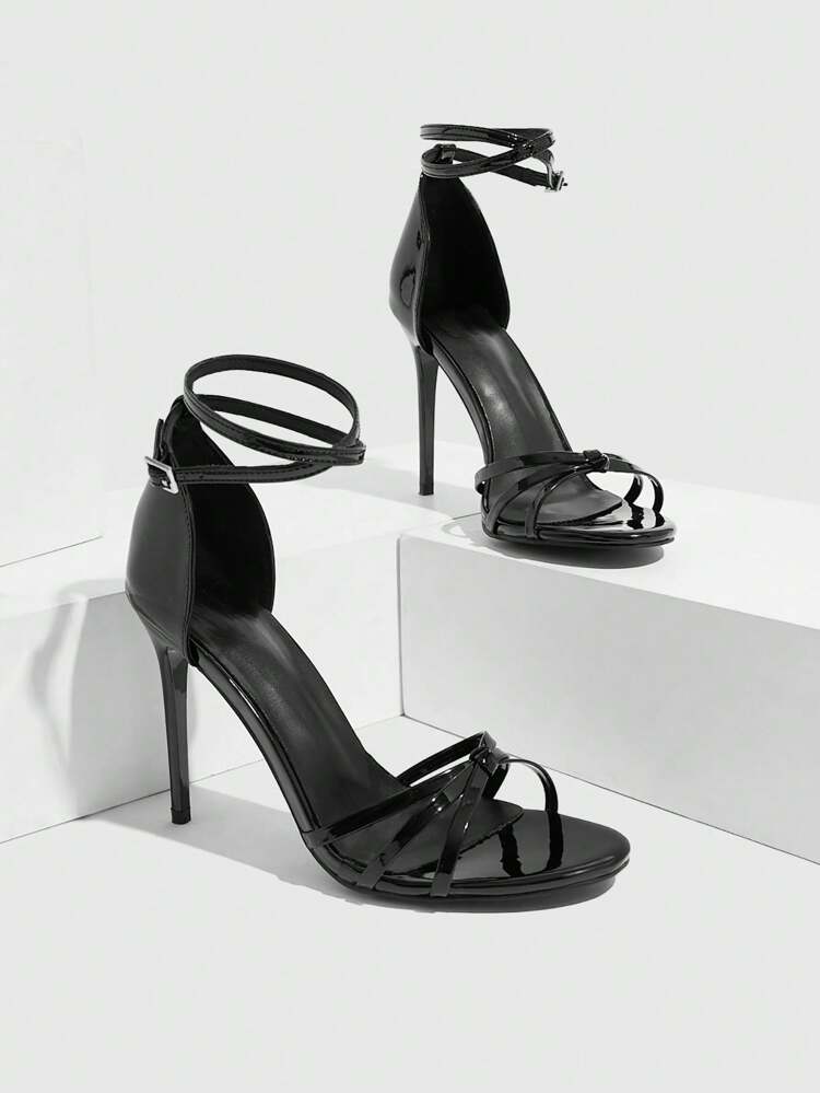 CUCCOO SZL Fashionable Sexy Black Patent Leather Ornamented Ankle Strap Round Toe Stiletto High Heel Sandals, Suitable For Commuting, Dating, Gathering, Holiday, Party, Wedding And Other Occasions For Christmas Spring Shoes Prom Heels