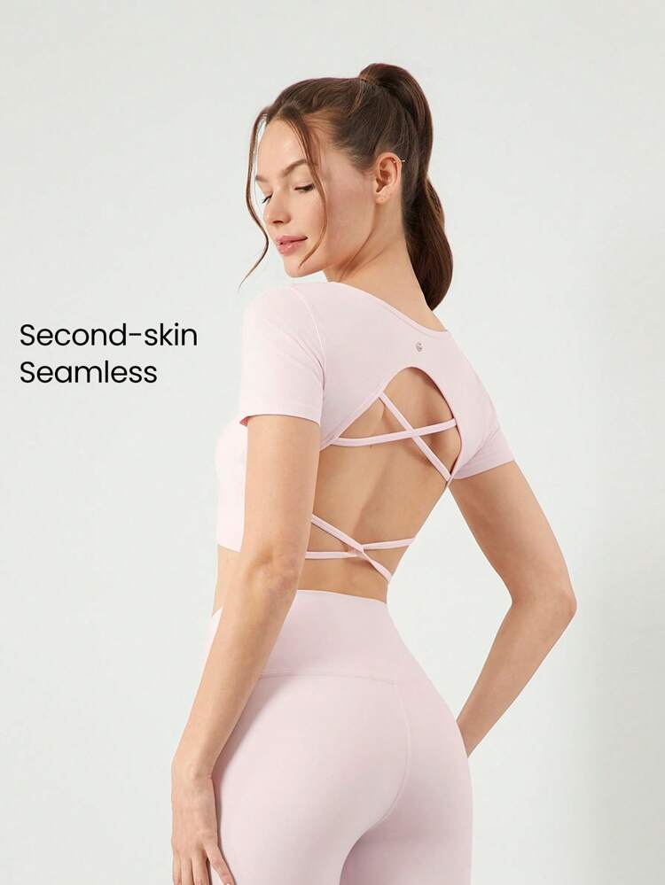 Seamless Carefree Crossover Back Cropped Short-Sleeve Active Top Daily Casual Wear Removable Cups