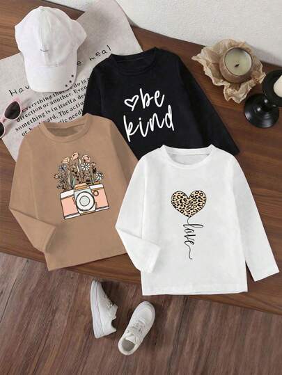 3pcs Young Girl Casual Cute Camera, Floral, Leopard Heart Shape Letter Print Round Neck Long Sleeve T-Shirt Set, Spring/Autumn, School, Campus, College