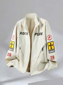 Manfinity EMRG Herren Lässig Jacke mit Kreuz- und Buchstabenprint, Frühling/Herbst - Aprikosenfarben - Übersicht 1