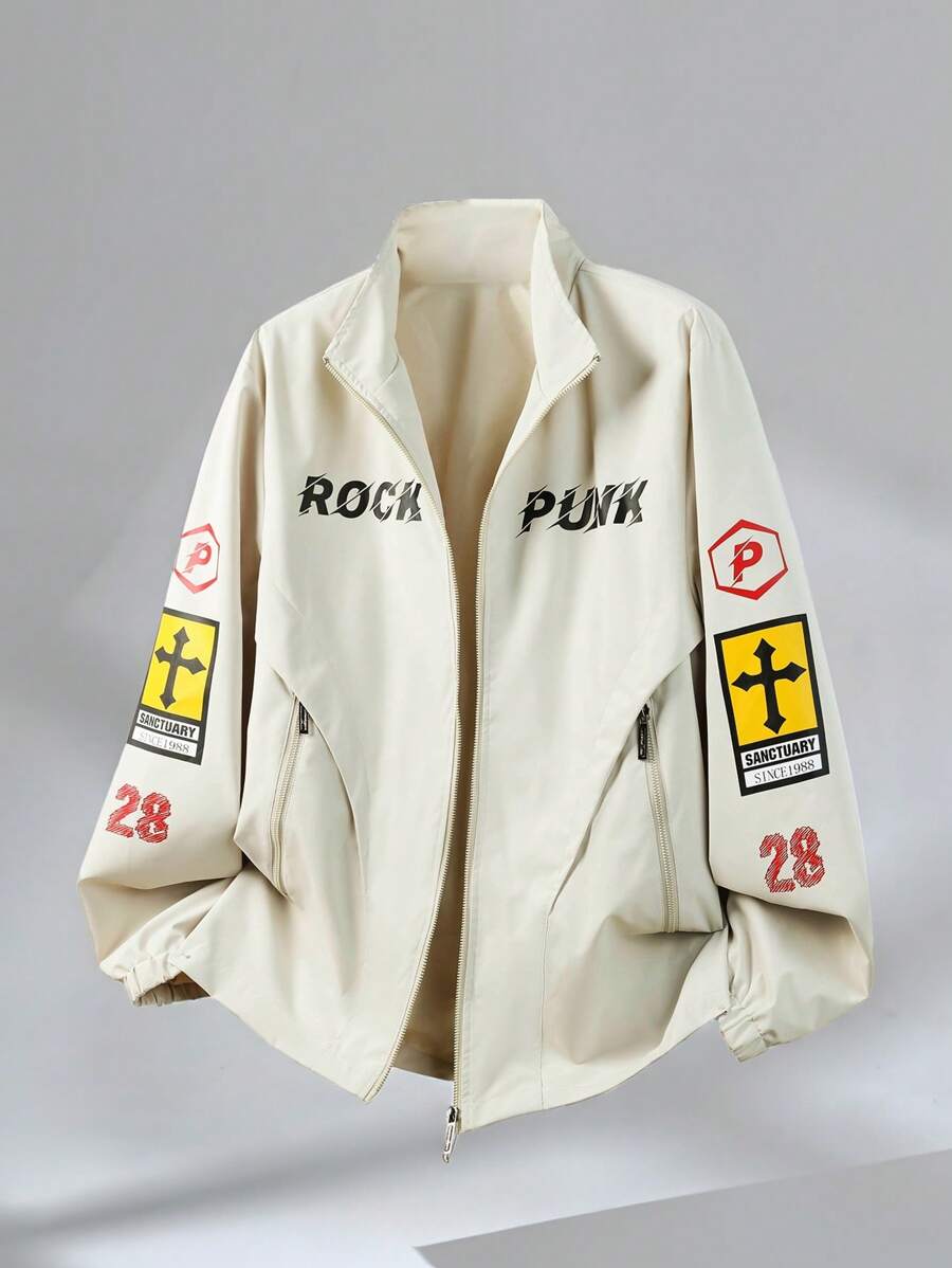 Manfinity EMRG Herren Lässig Jacke mit Kreuz- und Buchstabenprint, Frühling/Herbst - Aprikosenfarben - Übersicht 1