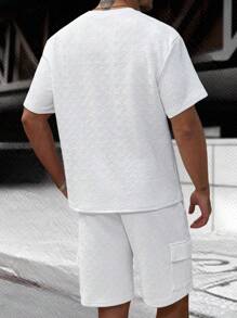 Manfinity Homme Ensemble t-shirt à col ras-du-cou unicolore à manches courtes et short cargo taille avec cordon pour homme