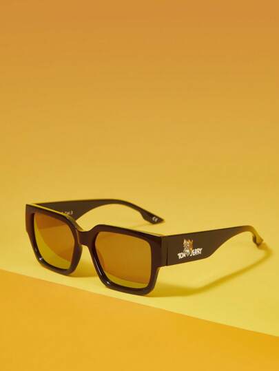 TOM & JERRY X SHEIN Gafas de moda populares negras con impresión de dibujos animados y letras