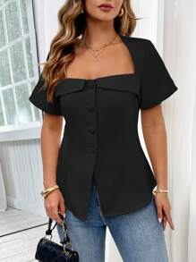 SHEIN Unity 女士加大码优雅法式通勤情人节梯形领方领前扣装饰腰线 A 字短袖衬衫